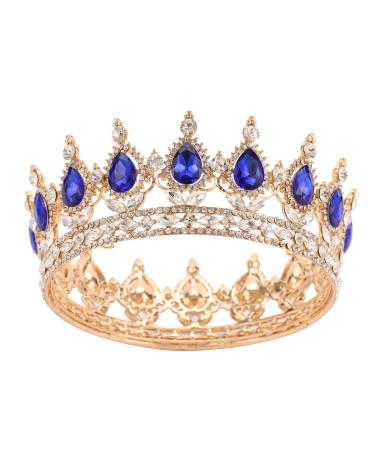 Vintage Royal Queen Teardrop Rhinestone Diadem Tiaras Crown Pageant Prom Diadem Bride Wedding Hair Jewelry Accessories (Gold Blue)