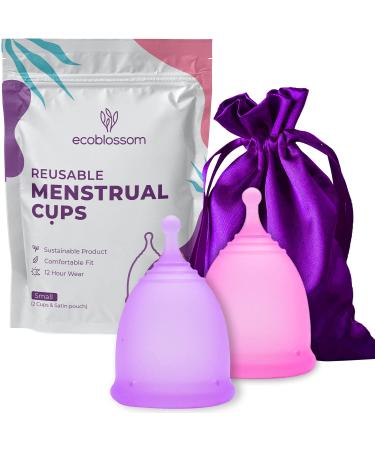 EcoBlossom Menstrual Cups - Set of 2 Reusable Period Cups - Premium Design with Soft, Flexible, Medical-Grade Silicone + 1 Storage Bag (2 Small Cups) Small (Pack of 2) Round Stem