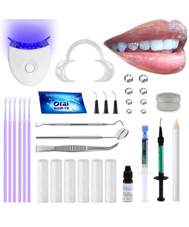 Tooth Gem Kit Professional- Include Dental Grade Adhesive Cure Light Super Bling Crystal DIY Dental Jewelry Set Home Teeth Gem Kit Safe & Easy Application - Long Lasting Sparkle(Round kit)