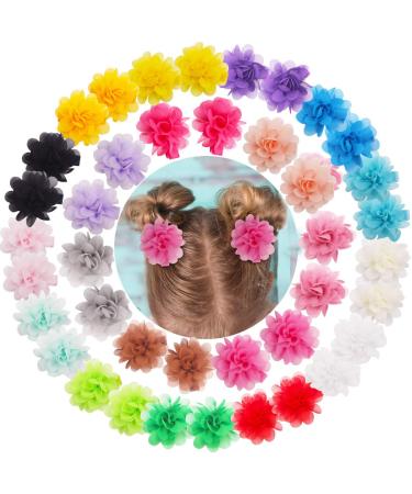 40pcs Chiffon Flower Baby Girl Hair Clips 2" Tiny Baby Flowers Hair Clips Ribbon Lined Clips for Infants Toddlers Kids
