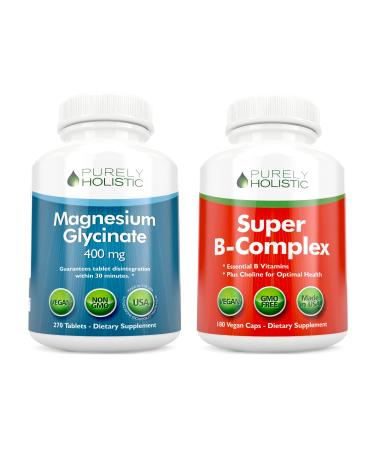 Magnesium Glycinate 400mg + Super Vitamin B Complex - Vegan Bundle - 270 Tablets & 180 Capsules - Made in USA - Buy Online on GoSupps.com