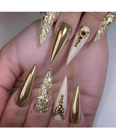 Long Almond Press on Nails Stiletto Press-on Fake Nails Gold Press Ons with Rhinestones And Glitter Designs False Nails Chrome Press on Nails for Women