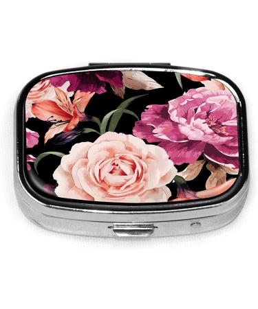 Travel Pill Cases with Mirror Small Portable Pill Case with 2 Compartment Fashion Tablet Holder Wallet Organizer Pocket Case for Purse(Colorful Rose Floral)