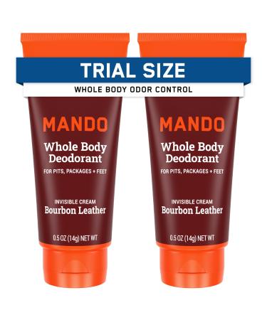 Mando Whole Body Deodorant - Mini Travel Size Invisible Cream Tube - 72 Hour Odor Control - Aluminum and Baking Soda Free Skin Safe - .5 oz (Pack of 2) (Bourbon Leather) Bourbon Leather 0.5 Ounce (Pack of 2)