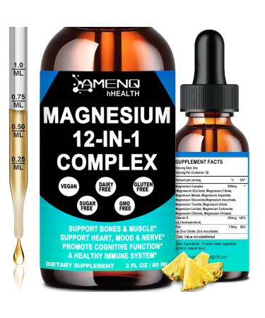 Magnesium 12 in 1 Complex Liquid Drops Magnesium Supplement w. Glycinate Citrate Malate Taurate Oxide Aspartate Orotate Calm Magnesium for Sleep Muscle Heart Support Max Absorption Liquid Formula