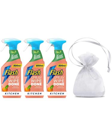 Flash Sparkling Kitchen Spray Wipe Down Cuts Grease 800ml Bright Mandarin Scent 3Pk + Our Gift for You: Organza Bag Size: 9 x 7 x 0.1cm