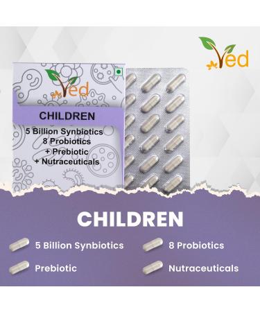 Ved Children Complex Probiotics and Prebiotics Complex - 5 Billion CFU - 20 Live Bacterial Cultures - 28 Probiotic Complex Capsules for Children - Lactobacillus helveticus Silicon Dioxide - Buy Online on GoSupps.com