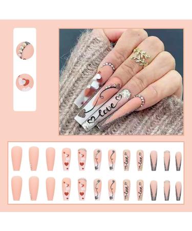 Justotry 24 Pcs Long Milky White French Press on Nails with Heart Designs - Acrylic Coffin False Nails for Women | Nail Art Decoration in White French and Red - Buy Online on GoSupps.com
