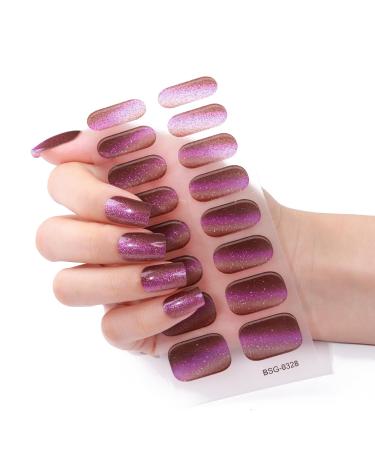 Semi Cured Gel Nails - 16PCS Stickers Nail Wraps Soft Self-Adhesive - Gel Nail Stickers Semi Cured Gel Nail Wraps - Glossy & Long Lasting Gel Nail Stickers Need UV Light (Glitter Purple)