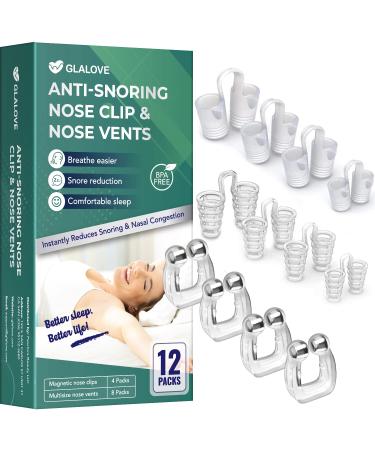 Glalove Anti Snoring Devices, Anti-Snoring Solution, 4 Pack Silicone Magnetic Nose Clips & 8 Pack Silicone Nasal Dilators, Professional & Comfortable Devices for Stop Snoring - 12 PCS