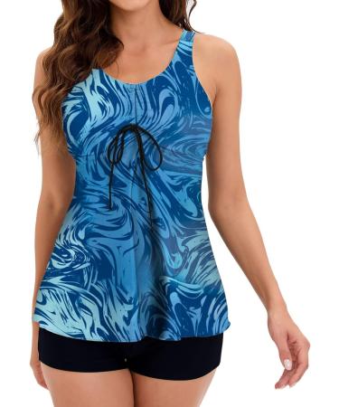 oelaio Tankini Swimsuits for Women Two Piece Bathing Suits Boyshorts Floral Print Tank Top High Waist Swimsuits Padded Push Blue - Buy Online on GoSupps.com