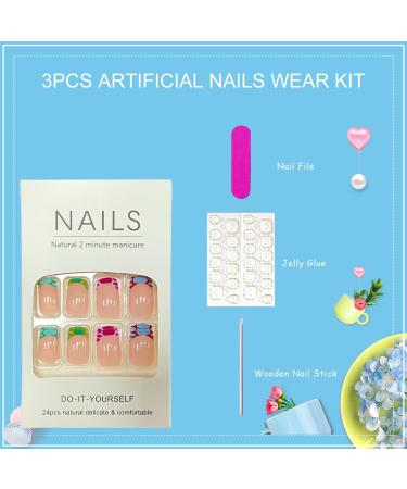 Colorful French Tip Press on Nails - Medium Square Fake Nails with Bubble Pattern | 24Pcs Reusable Acrylic Nails for Women and Girls - Buy Online on GoSupps.com