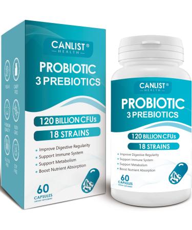 Probiotics 120 Billion CFUs 18 Strains 3 Prebiotics & Digestive Enzymes for Men Women,Digestive & Immune Support,Shelf Stable Non-GMO 60 Capsules