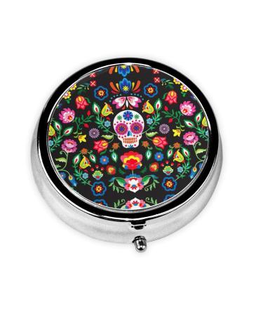 Sugar and Skulls and Flowers Print Portable Pill Box Metal Iron Plating Round Mini Medicine Storage Box 2.0in Black