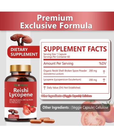 Upondata Lycopene Capsules - Lycopene Supplement 200mg with Reishi Mushroom 200mg Natural Tomato Extract Mushroom Capsules for Immune Support - Gluten-Free Non-GMO - Buy Online on GoSupps.com
