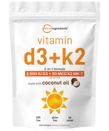 Micro Ingredients Vitamin D3 2 000 IU + K2 MK-7 50 mcg 300 Softgels | Virgin Coconut Oil | 2-in-1 Formula | Easy to Swallow Non-GMO 300 Count (Pack of 1)