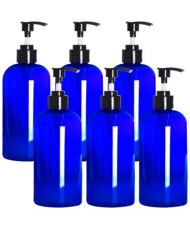 Youngever 6 Pack Blue Plastic Pump Bottles, Refillable Plastic Pump Bottles for Dispensing Lotions, Shampoos, Hand Sanitizer and More (12 Ounce)