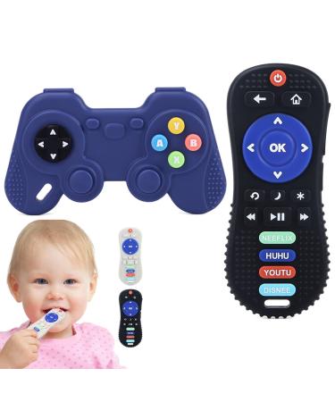 2-Pack Baby Teether Toys Game Controller Silicone Sensory Chew Toys Educational TV Remote Control Shape Teething Toys for Babies 6-18 Months Toddler Boy and Girl(Black+Blue)