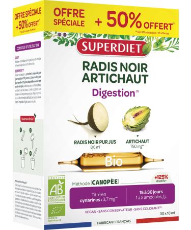 SUPERDIET - BLACK RADISH - ORGANIC ARTICHOKE - Easy Transit & Digestion - Made in France - Economical size - 30 ampoules of 10 ml