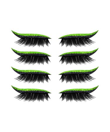 False Eyelashes Eyeliner 4 Pairs Reusable Eyeliner and Eyelash Stickers 2 in 1 Eye Glitter Shiny Makeup Eyeliner Sticker Self-Adhesive Eyelashes Waterproof Instant Eyeshadow Tape Stickers-Green