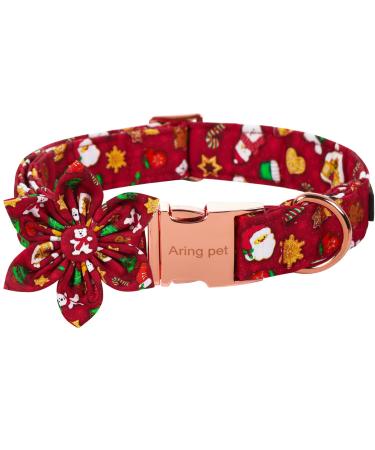 Aring Pet Christmas Dog Hallband Cute Santa Claus dog collar with flower cotton red Christmas dog collar with metal buckle medium Christmas