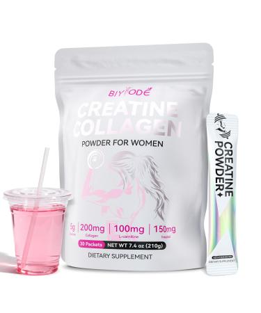 BIYODE Creatine Powder Sticks for Women: 5g Creatine 200mg Collagen L-Carnitine & Inositol for Workout Recovery & Endurance Support Pink Drink Packets 30 Servings