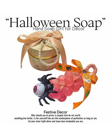 Pink Crystal Grape Handmade Soap Halloween Decoration Set with Pumpkin Ribbon & Spooky Accessory (Spider Carrying Red Eyeball) - Festive Halloween Hand Soap Gift for Bathroom Decor - Buy Online on GoSupps.com