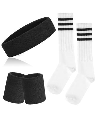 ONUPGO 5 Pieces Sweatbands Striped Socks Set Sports Headband Wrist Sweat Bands Striped High Tube Sock Set for Men Women Sports 80s Costumes Theme Party Black, Striped Socks