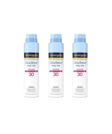 Neutrogena Ultra Sheer Body Mist Sunscreen Spray Broad Spectrum SPF 30, Lightweight, Non-Greasy and Water Resistant, Oil-Free and Non-Comedogenic, Oxybenzone-Free, 5 oz, Pack of 3 SPF 30v2