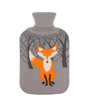 Large 2 Liter Soft Cute Hot Water Bottle Knit Cover - ONLY Cover (2 L, Gray with Fox)