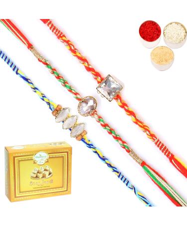 Ghasitaram Gifts Rakhi for Brother Rakhis Online - Set of 3 6300 6371 6400 Fancy Rakhis with 200 GMS of Soan Papdi