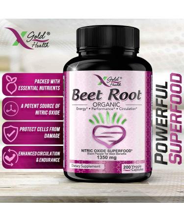 Premium Organic Beet Root Powder 1350mg - 200 Veggie Caps | Nitric Oxide Superfood Supplement with Black Pepper for Circulation, Heart Health & Athletic Performance - Buy Online on GoSupps.com