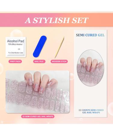 Semi Cured Gel Nail Wraps 22Pcs Pink Glitter Gel Nail Polish Strips Self-Adhesive Gel Nail Stickers Salon-Quality French Manicure Stickers with Soft Glossy Gel Finish Easy to Apply & Remove Sparkle Pink - Buy Online on GoSupps.com