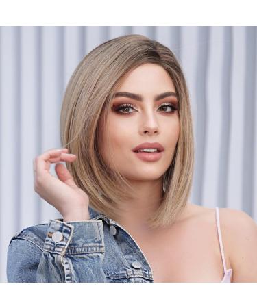 HAIRCUBE Brown Blonde Bob Wigs for Women - Highlight Front Lace Natural Wig with Dark Roots - Shop Internationally! - Buy Online on GoSupps.com