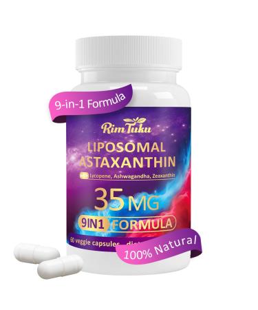 RimTuku Liposomal Astaxanthin Supplement Complex 9-in-1 with Ashwagandha Lycopene Zeaxanthin Antioxidant Supplement Support Eye Skin & Joint Health 60 Capsules