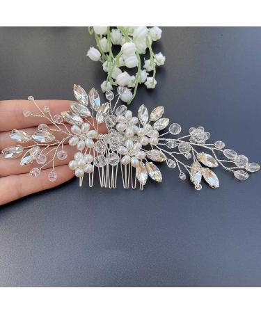 Prosy Bridal Wedding Flower Hair Comb Slide - Silver Crystal Hair Accessories & Rhinestone Headpiece for Women & Girls - Buy Online on GoSupps.com