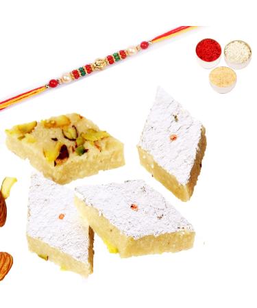 Ghasitaram Gifts Rakhi Gifts for Brothers Rakhi Sweets - Pure BADAM KATLI 200 GMS with Beads Rakhi