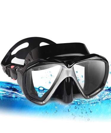 Snorkel Diving Mask Panoramic HD Swim Mask, Anti-Fog Scuba Diving Goggles,Tempered Glass Dive Mask Adult Youth Swim Goggles with Nose Cover for Diving, Snorkeling, Swimming A-Black