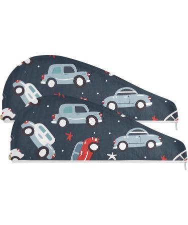 Colorful Cars Dark Blue Hair Towel 2 Pack | Super Absorbent Quick Dry Hair Turbans for Women & Girls - Buy Online on GoSupps.com