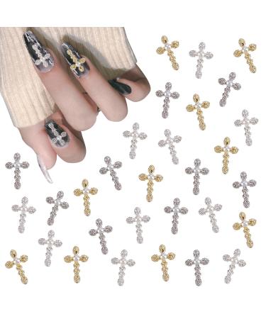 NICENEEDED 30 PCS Retro Punk Cross Nail Art Charm 3d Pearl Alloy Nail Decoration for Women Luxury Metal Charms Accessory Supplies For Nail Diy Design And Jewelry Making