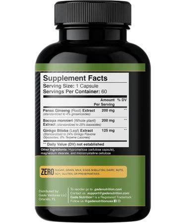 Gade Nutrition Ginkgo Biloba with Ginseng Supplement and Bacopa Monnieri | Brain Supplements for Memory and Focus with panax Ginseng & Ginko biloba Capsules - Memory Supplement for Brain - Buy Online on GoSupps.com