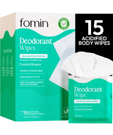 FOMIN Acidified Travel Deodorant Wipes For Women & Men - 15 Count - Coastal Breeze - pH Balanced Mini Deodorant Travel Size Wipes - Plastic-Free Individually Wrapped Underarm Body Wipes Coastal Breeze 15 Count (Pack of 1)