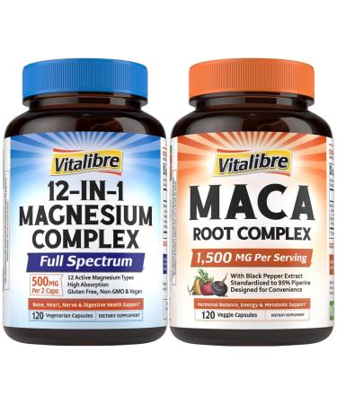 Vitalibre 12 in 1 Magnesium Complex 500mg and Maca Root Capsules Bundle Chelated Magnesium and 1 500mg Maca Root Vegan Non-GMO 120 Capsules Each