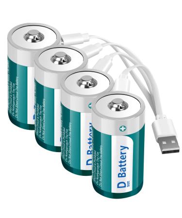 Fitinoch Rechargeable D Cell Batteries with USB 4 in 1 Charge Cable,1.5V Lithium Size D Battery 5600mWh for Flashlight Toys & Electronic Devices (4 Pack)