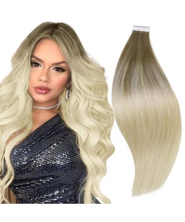 RUNATURE Tape in Hair Extensions Balayage Remy Tape in Human Hair Extensions Brown to Platinum Blonde Ombre Tape in Extensions Invisible 14 Inch 40g 14 Inch 1-Tape #BA8/60