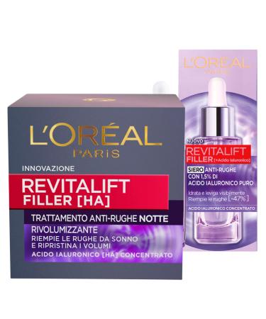 L'Or al Paris Revitalift Filler Face serum with an upholstery effect + Revitalift Filler Revolumizing anti-fold night face treatment cream-2 treatments with hyaluronic acid.