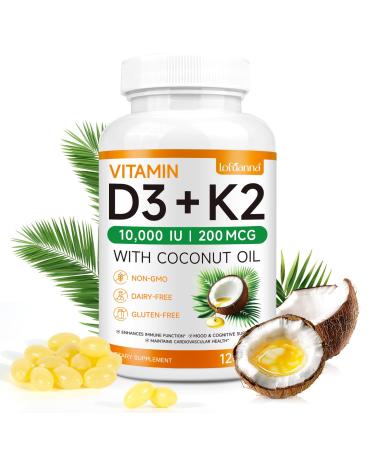 lofuanna Vitamin D3 K2 Supplement Softgels 2 in 1 Vitamin D3 & K2 with Coconut Oil Supplement - Supports Heart Teeth & Bone Health Free of GMO & Gluten