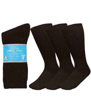 Falari 3-Pack Physicians Approved Diabetic Socks Cotton Non-Binding Loose Fit Top Help Blood Circulation 9-11 Crew Length - Brown Crew Length - Brown 9-11