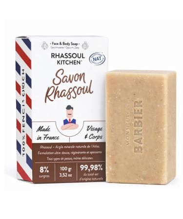Savon solide artisanal au Rhassoul de Monsieur BARBIER | Visage & Peau | Fran ais naturel et v gan | Purifie et d toxifie | base d'Argile Rhassoul de Beurre de Karit et d'Huile de Ricin | 100g