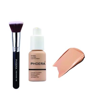 ABRUS  - Phoera Foundation and Concealer  Soft Matte Full Coverage  24HR Long-Lasting  Oil-Free  Vegan  Waterproof  Kabuki Brush Included (103 Warm Peach)